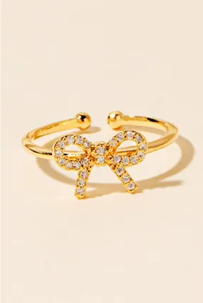 CZ Pave Ribbon Bow Open Band Ring - Gold
