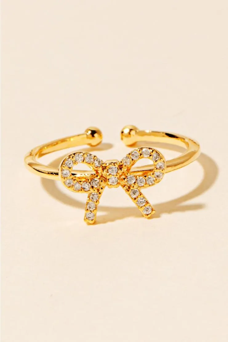 CZ Pave Ribbon Bow Open Band Ring - Gold