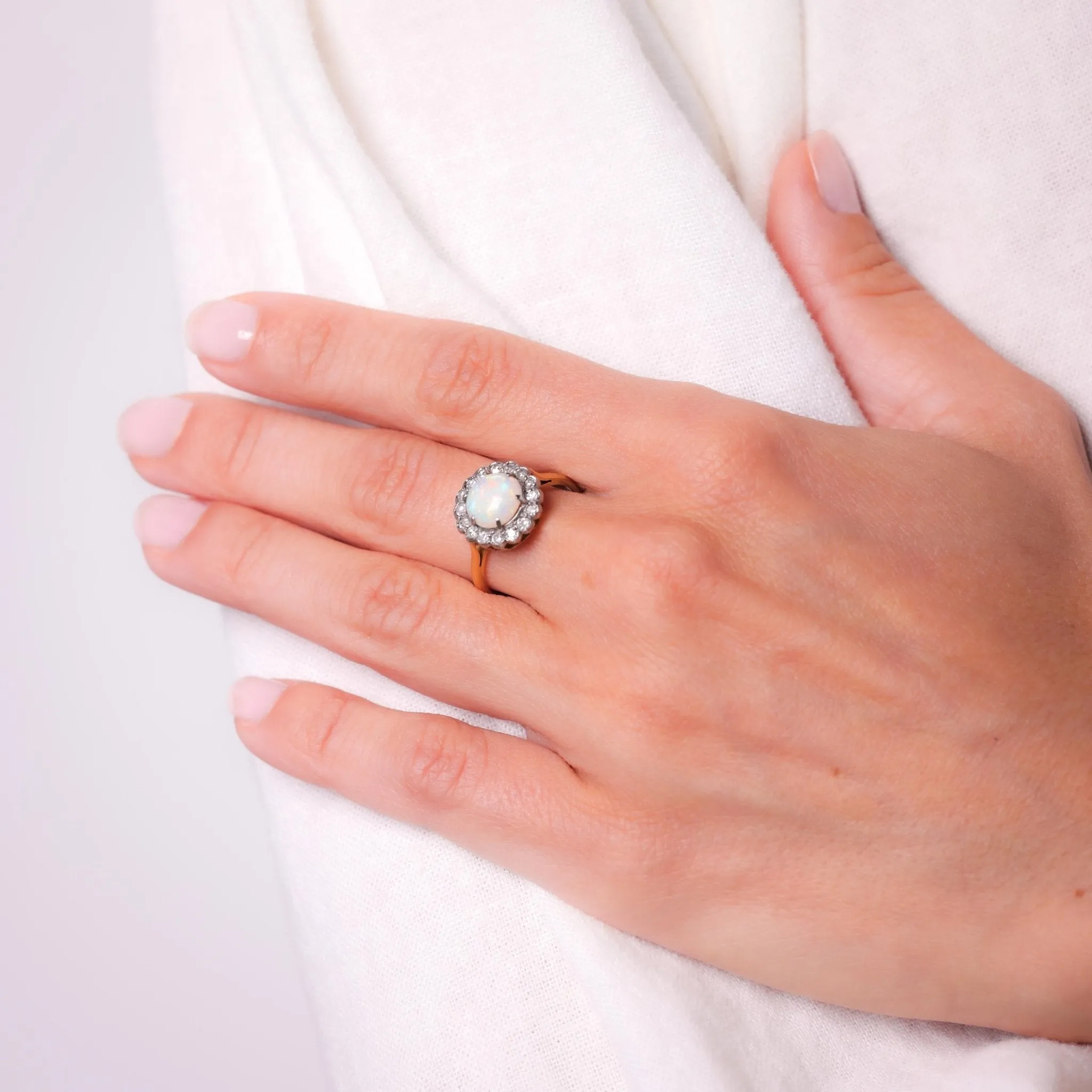 Edwardian Cabochon Cut Opal Diamond 18K Yellow Gold Cluster Ring
