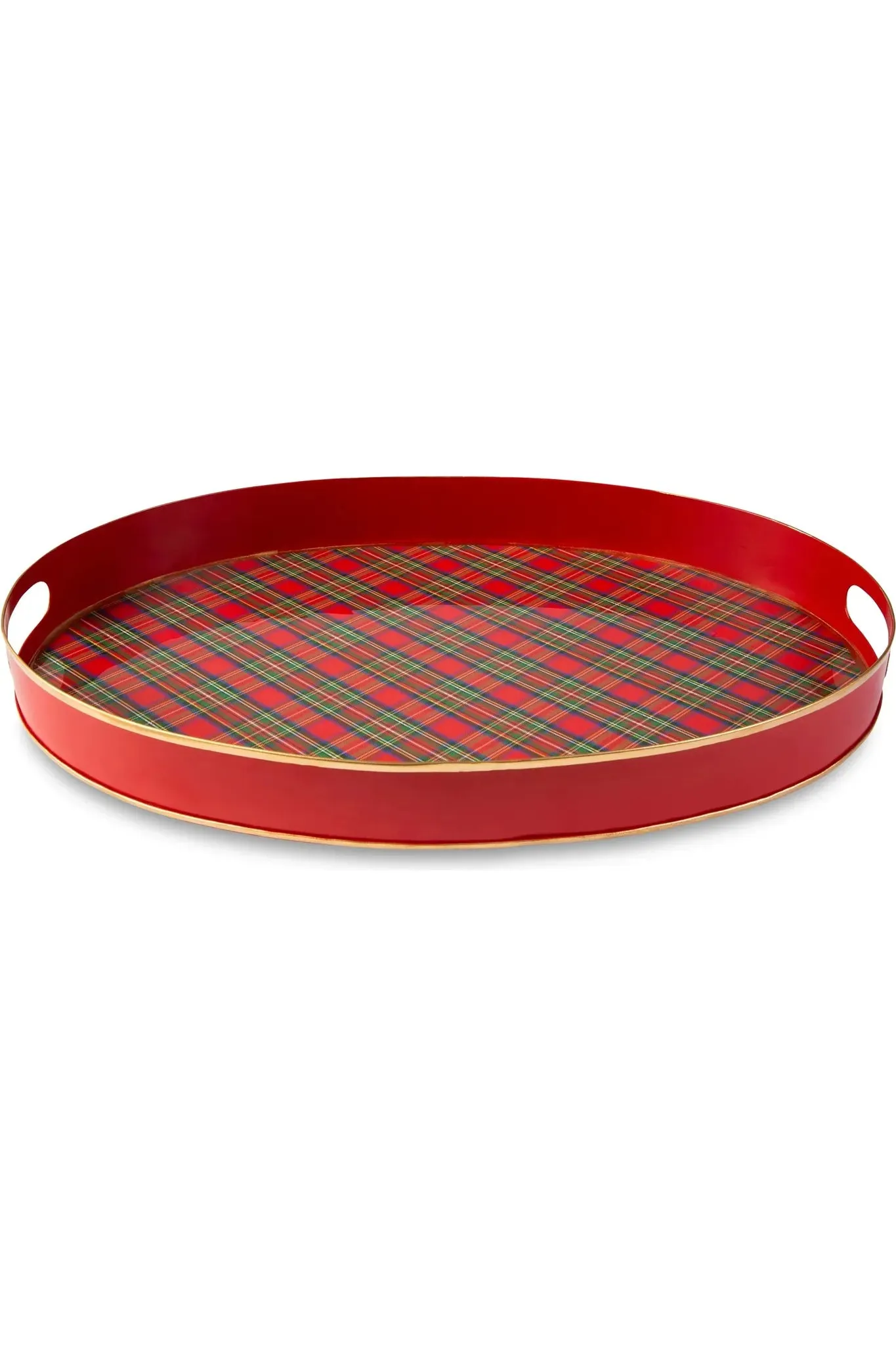 Enameled Red Tartan Round Tray 14x20