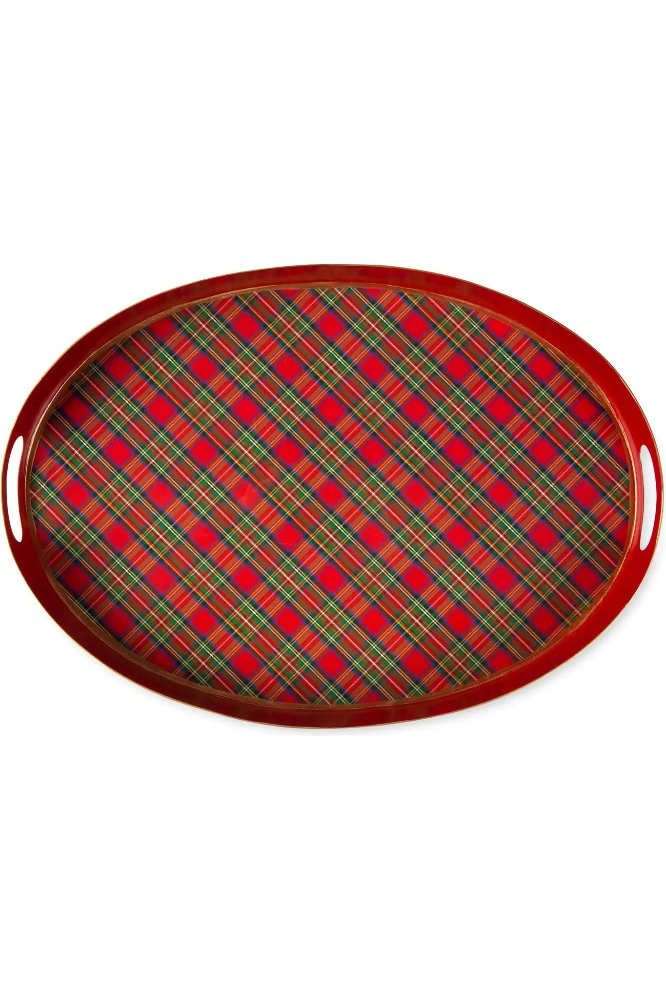 Enameled Red Tartan Round Tray 14x20