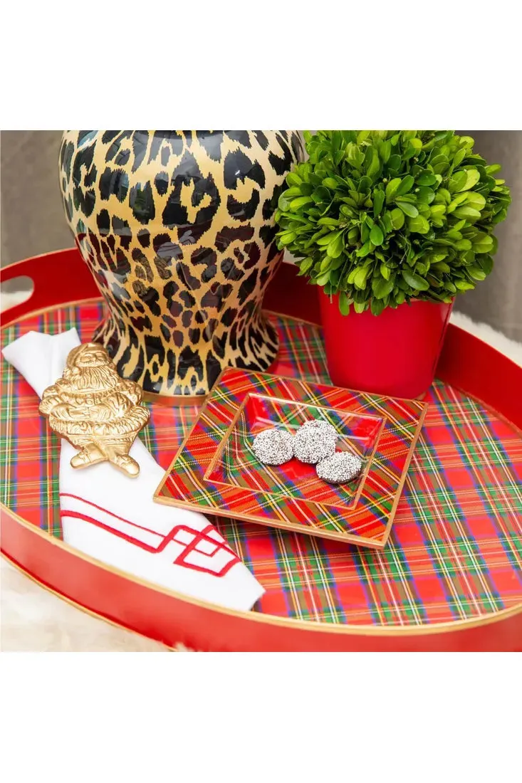 Enameled Red Tartan Round Tray 14x20