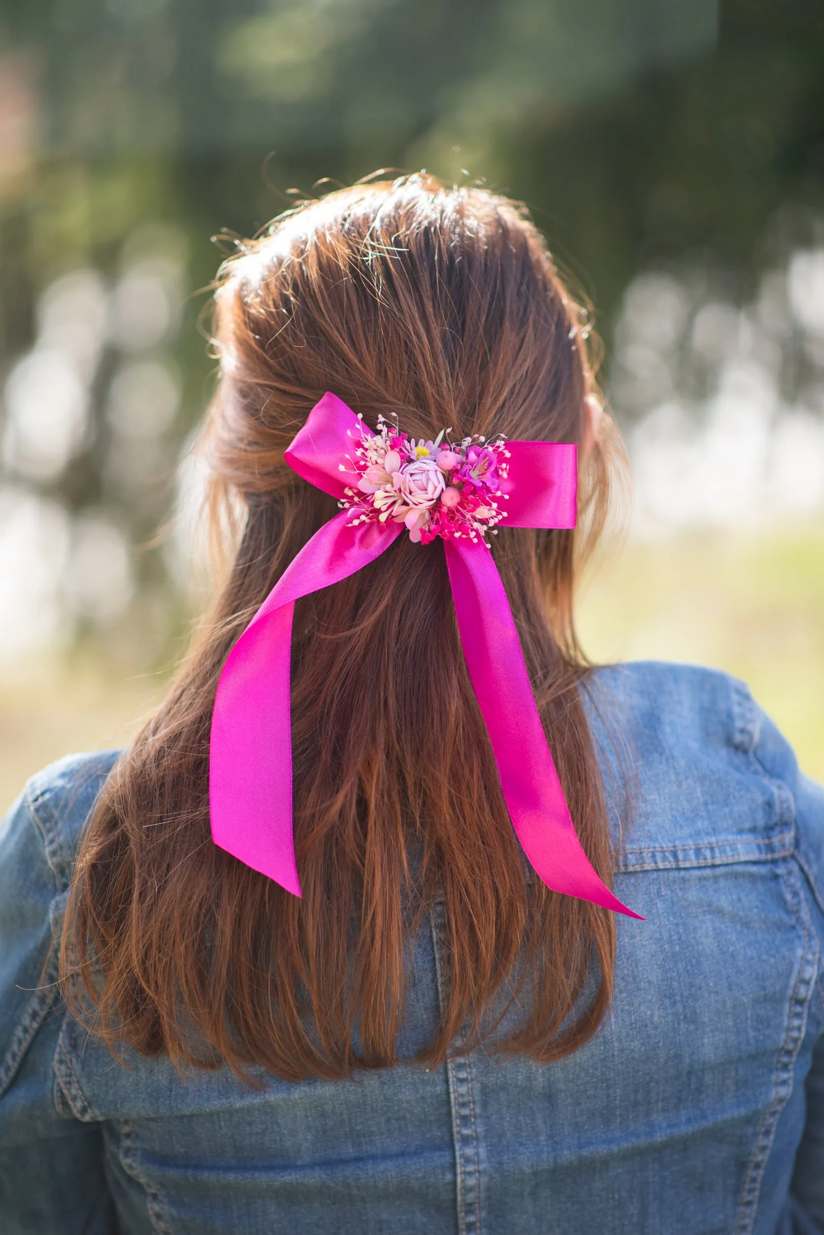 Fuchsia flower ribbon barrette clip Hair clip with ribbon Flower hair clip Magenta Cyclamen ribbon Hair flowers Hair Bow Peony clip Magaela