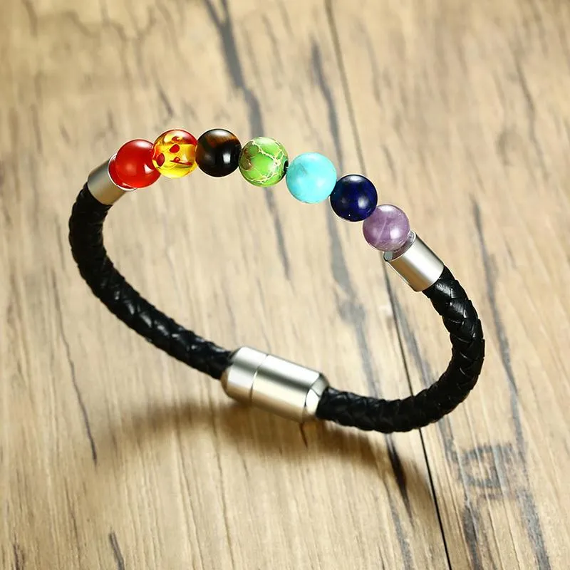 Genuine Leather Magnetic Clasp Chakra Bracelet