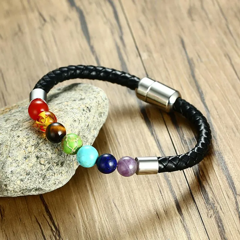 Genuine Leather Magnetic Clasp Chakra Bracelet
