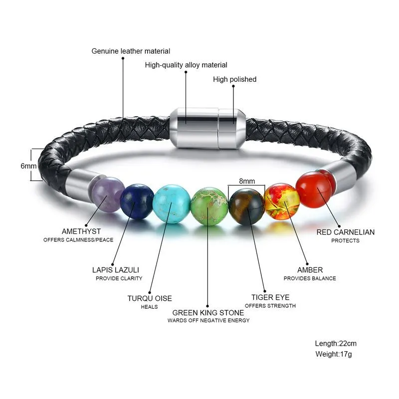 Genuine Leather Magnetic Clasp Chakra Bracelet