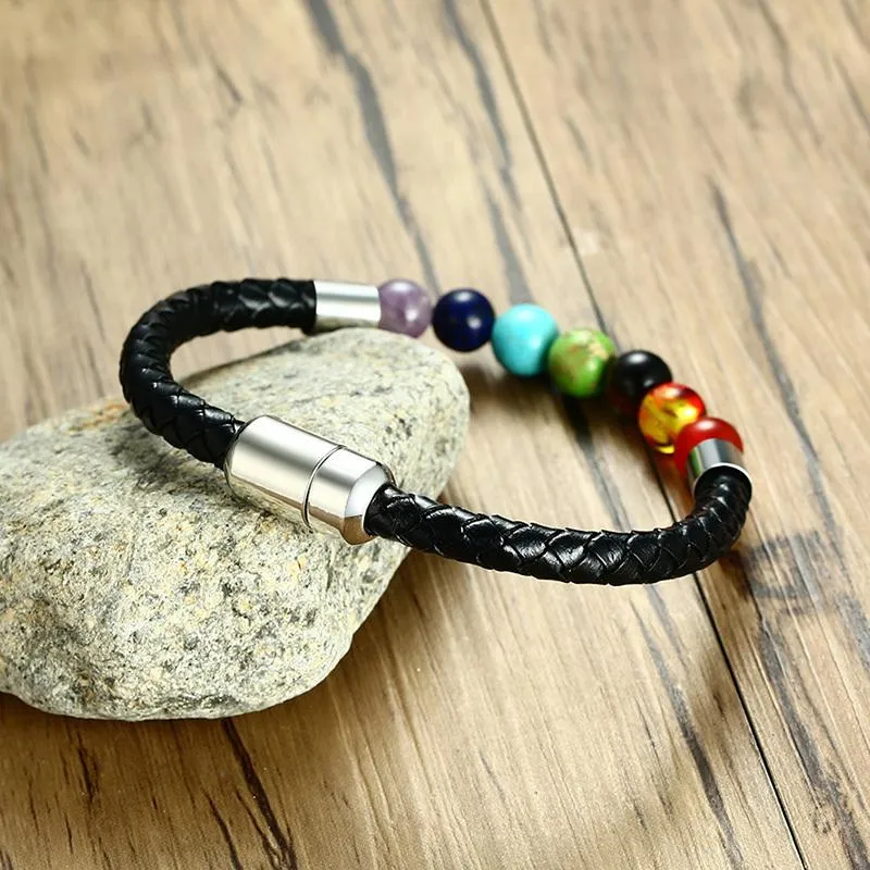 Genuine Leather Magnetic Clasp Chakra Bracelet