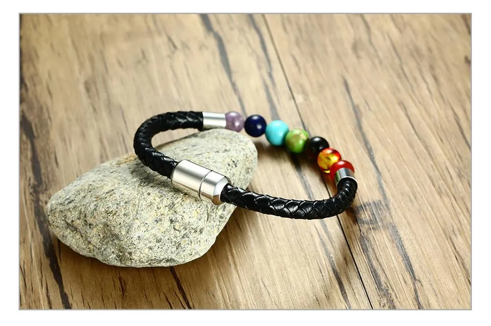 Genuine Leather Magnetic Clasp Chakra Bracelet
