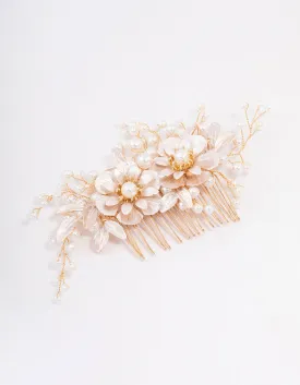 Gold Flower Wire Pearl Hair Comb