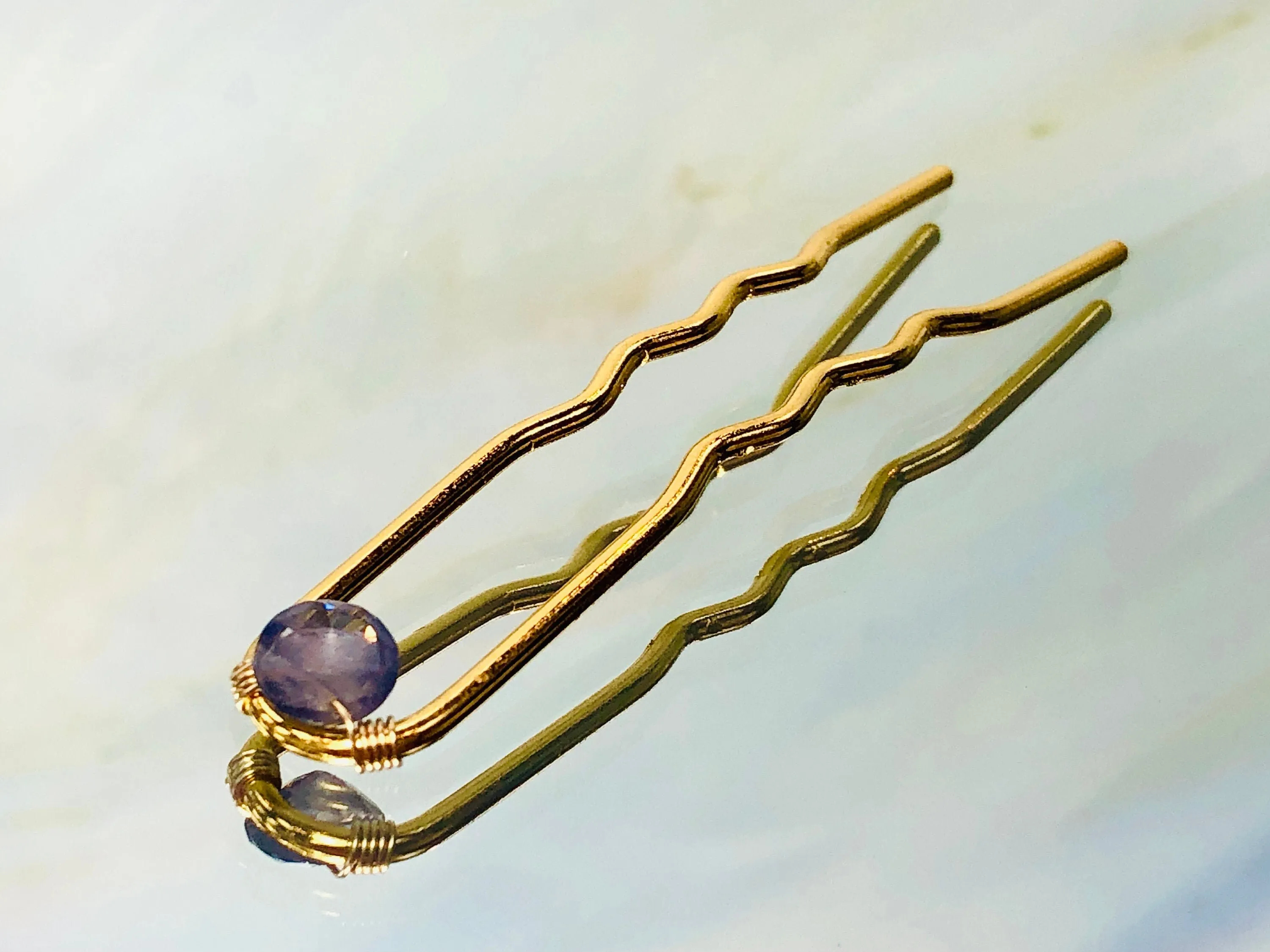 Gold Hair Pin Iolite Gemstone Silver Hair Pin Gem Stone Hair Pin for Bridesmaid gold bridal hair pin for messy bun bun holder water sapphire
