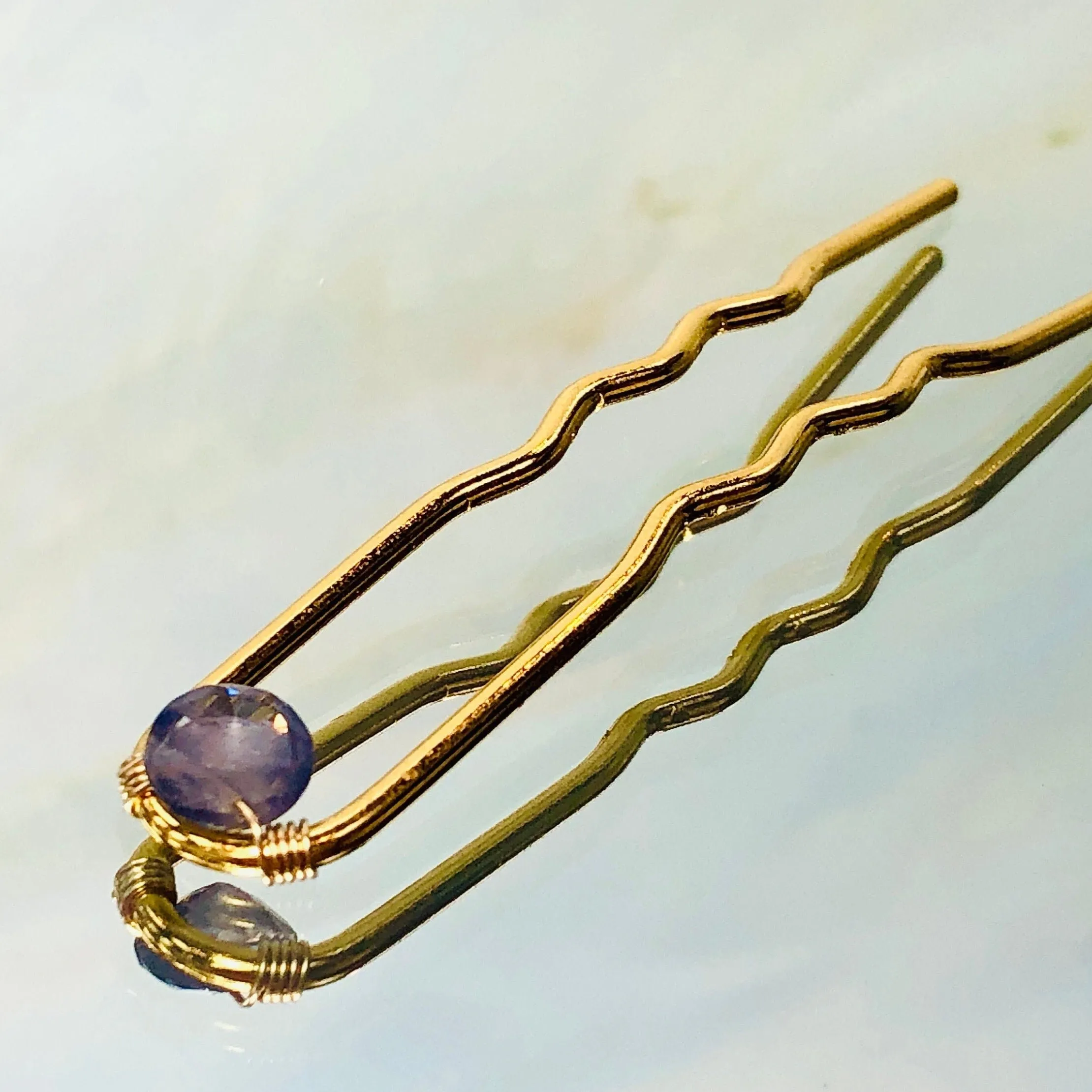 Gold Hair Pin Iolite Gemstone Silver Hair Pin Gem Stone Hair Pin for Bridesmaid gold bridal hair pin for messy bun bun holder water sapphire
