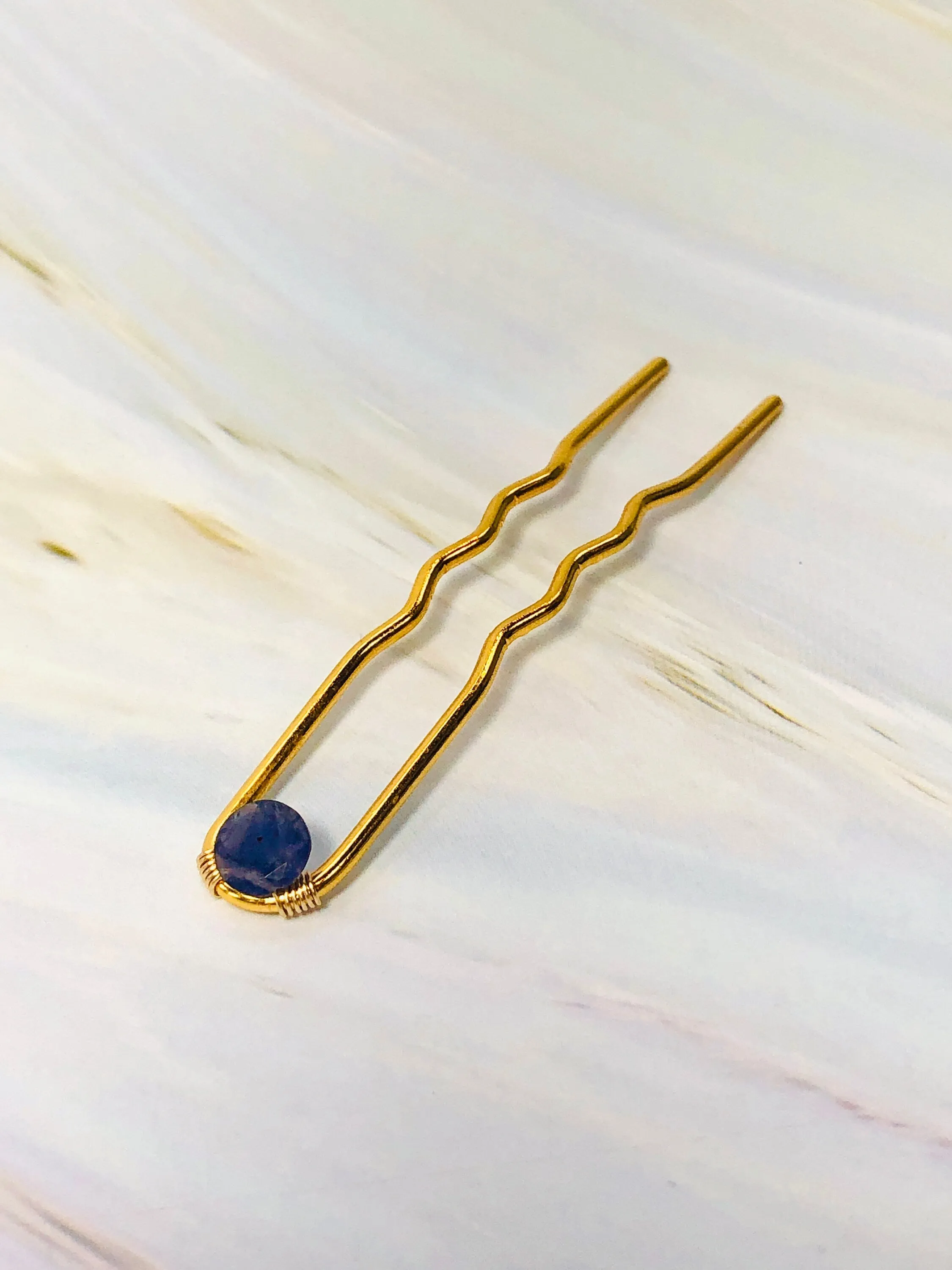 Gold Hair Pin Iolite Gemstone Silver Hair Pin Gem Stone Hair Pin for Bridesmaid gold bridal hair pin for messy bun bun holder water sapphire