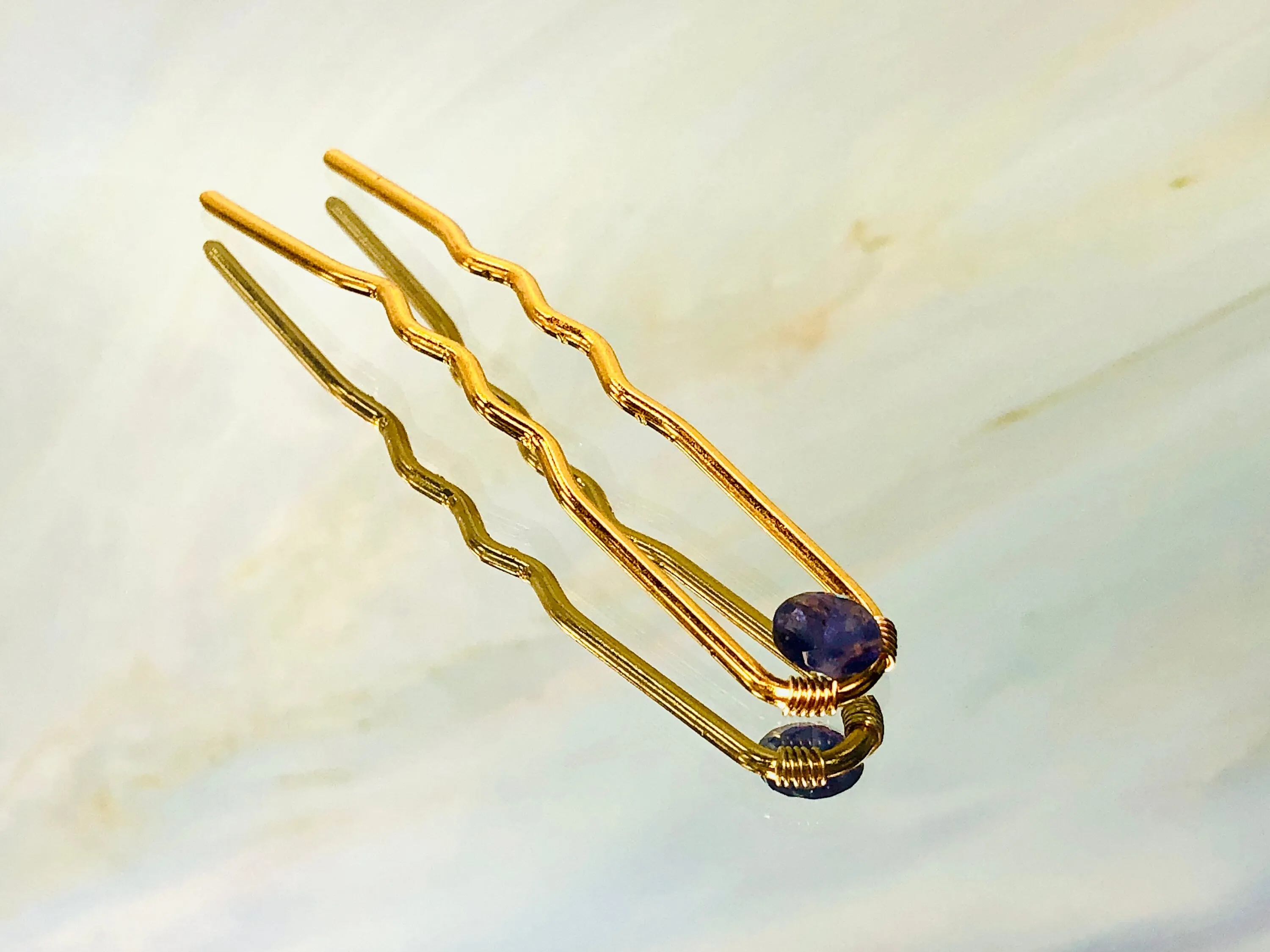 Gold Hair Pin Iolite Gemstone Silver Hair Pin Gem Stone Hair Pin for Bridesmaid gold bridal hair pin for messy bun bun holder water sapphire