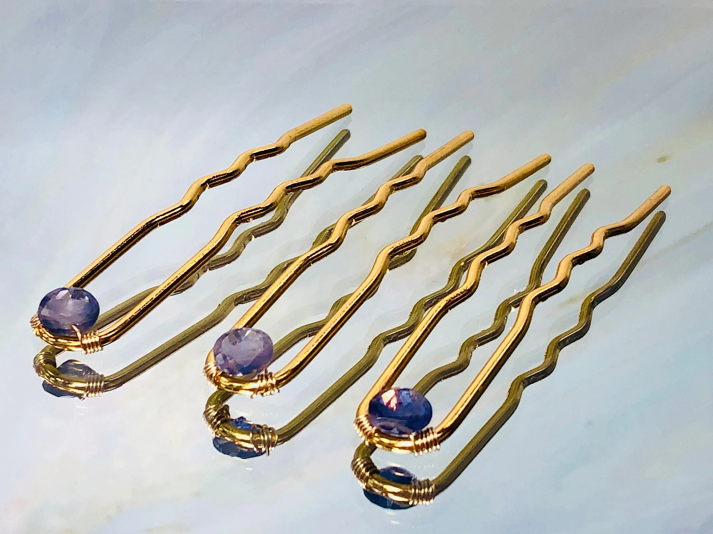 Gold Hair Pin Iolite Gemstone Silver Hair Pin Gem Stone Hair Pin for Bridesmaid gold bridal hair pin for messy bun bun holder water sapphire