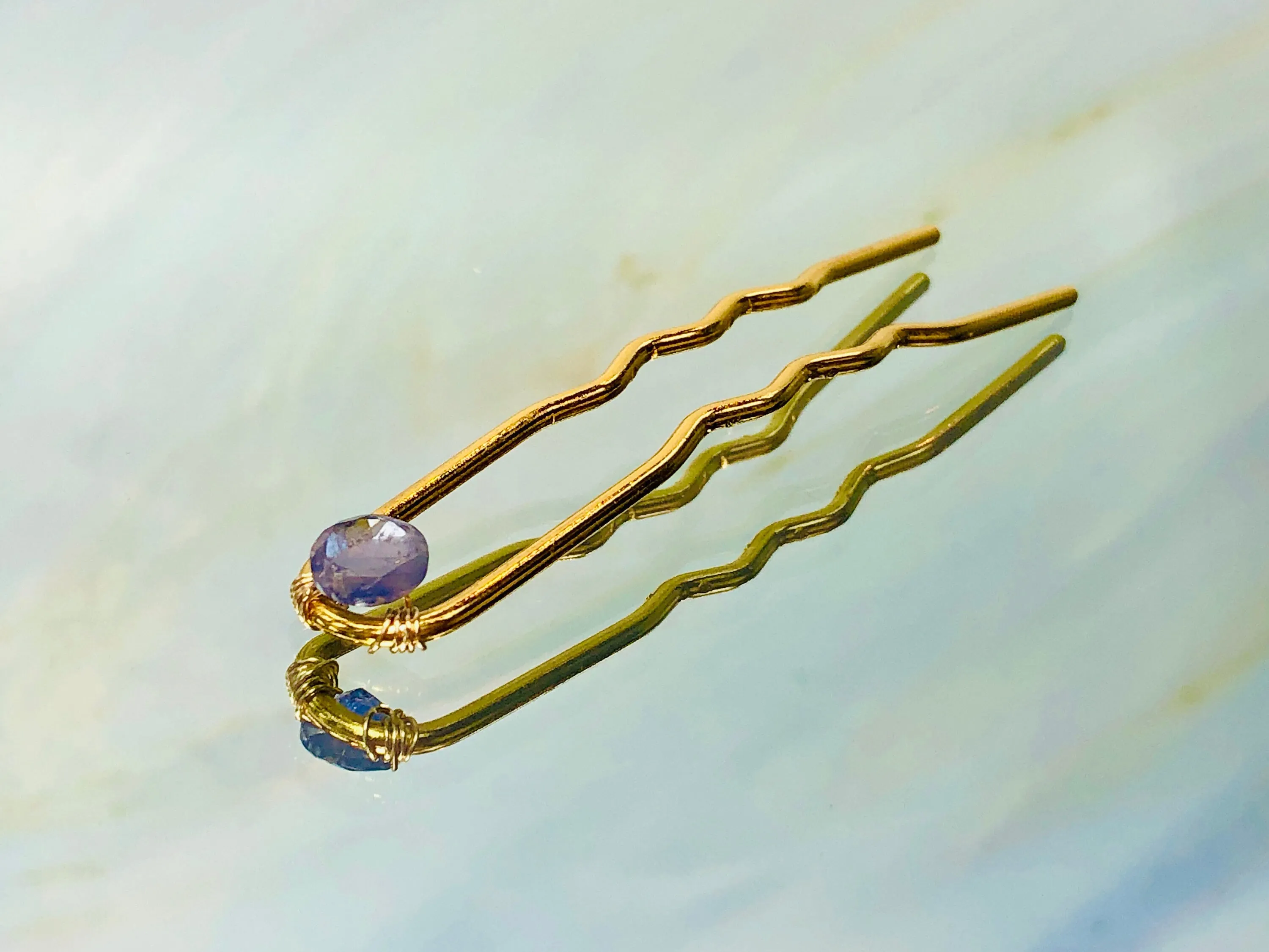 Gold Hair Pin Iolite Gemstone Silver Hair Pin Gem Stone Hair Pin for Bridesmaid gold bridal hair pin for messy bun bun holder water sapphire