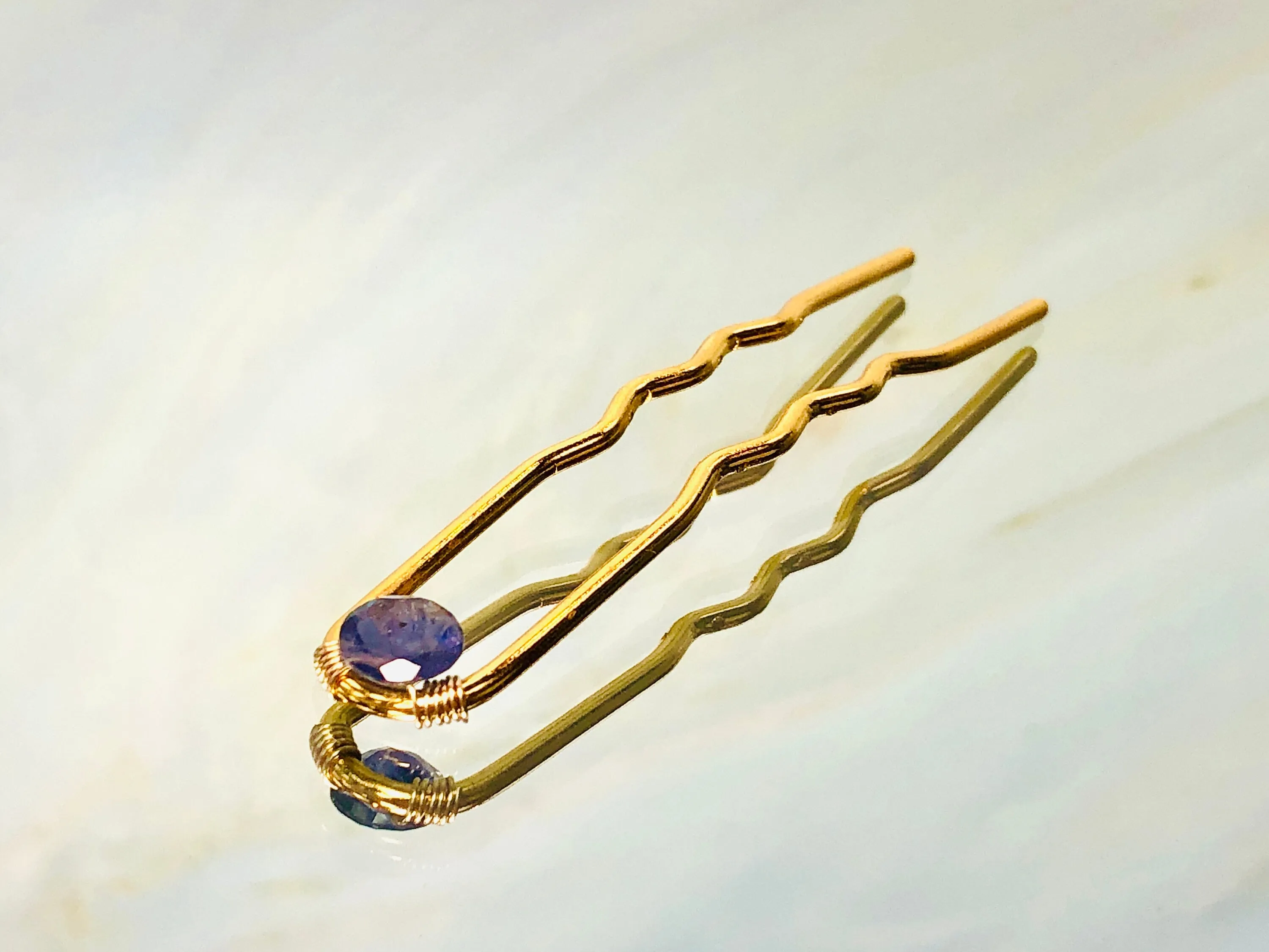 Gold Hair Pin Iolite Gemstone Silver Hair Pin Gem Stone Hair Pin for Bridesmaid gold bridal hair pin for messy bun bun holder water sapphire
