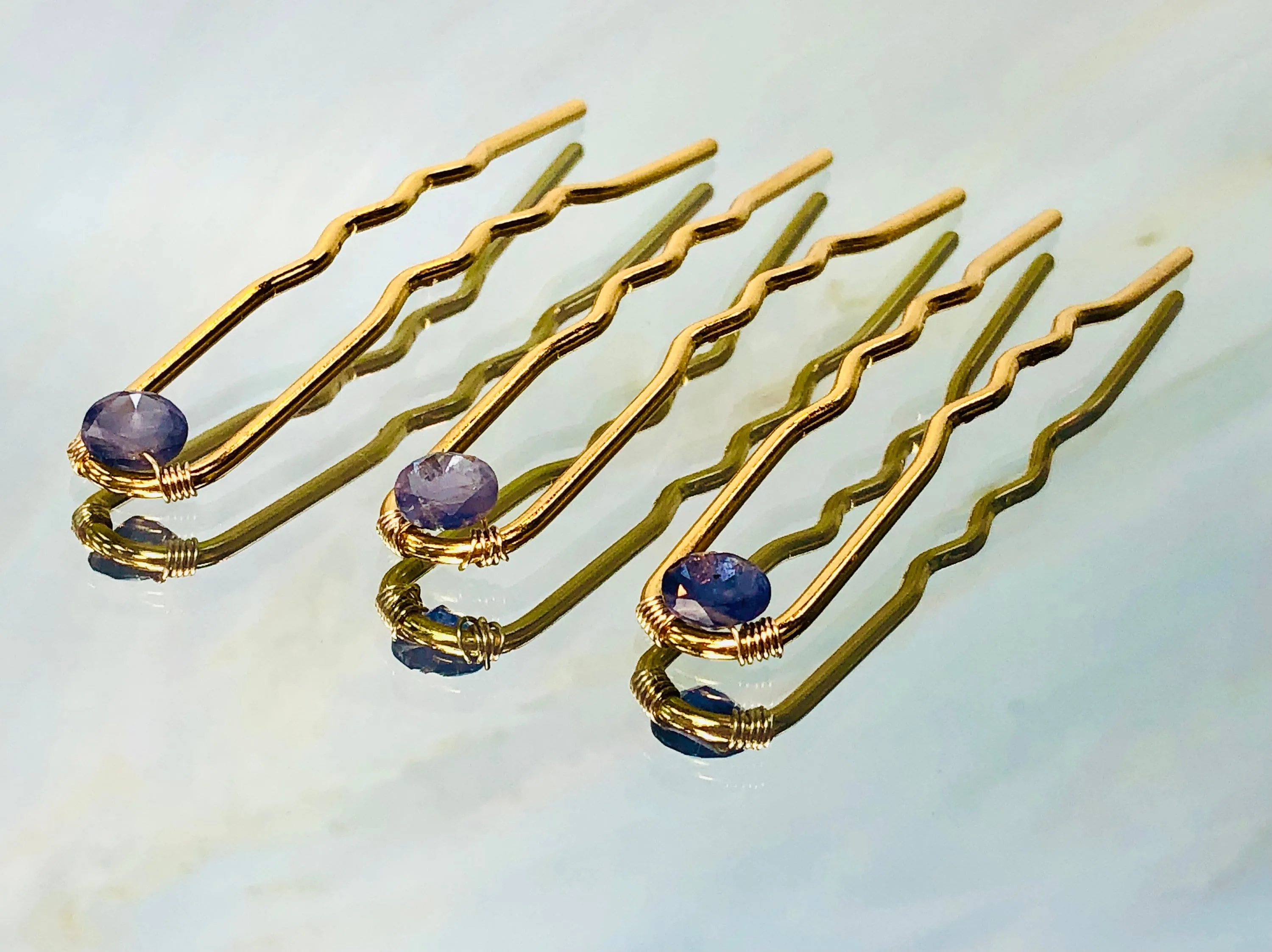 Gold Hair Pin Iolite Gemstone Silver Hair Pin Gem Stone Hair Pin for Bridesmaid gold bridal hair pin for messy bun bun holder water sapphire