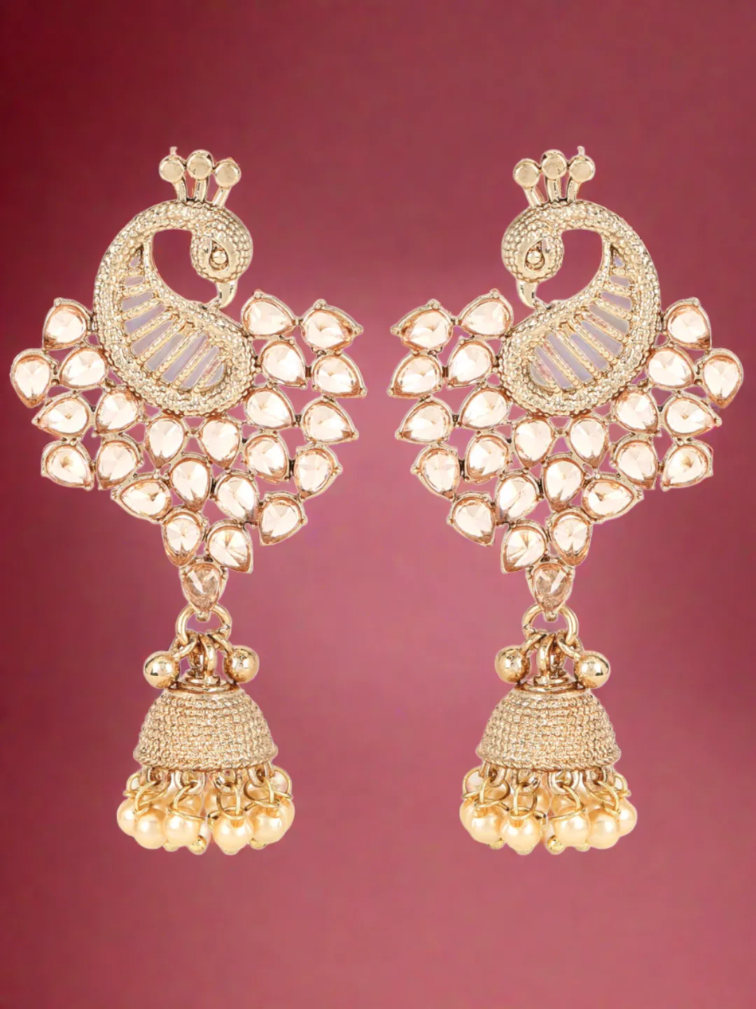 Gold-Plated Cz Studded Pearl Beaded Peacock Shaped Jhumka Drop Earrings