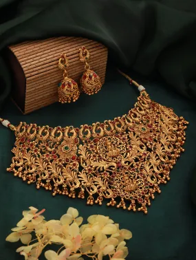 Gold-Plated Stone-Studded & Beaded Temple Necklace & Earrings