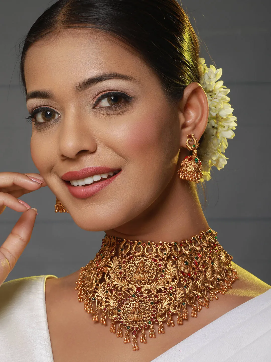Gold-Plated Stone-Studded & Beaded Temple Necklace & Earrings