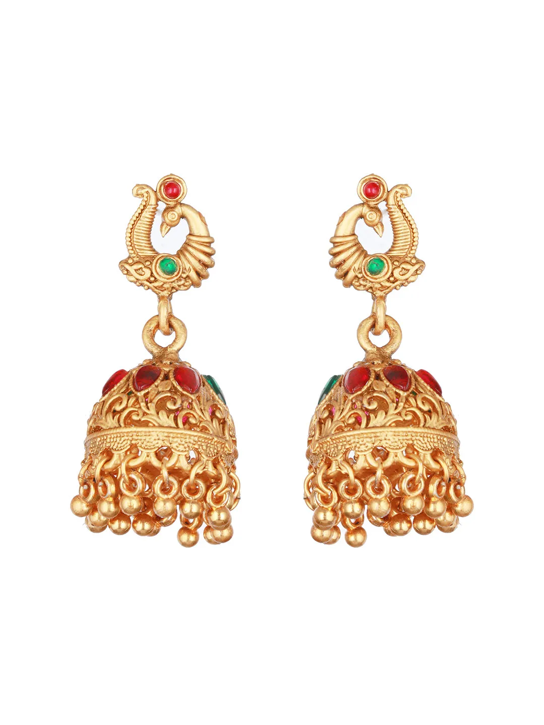 Gold-Plated Stone-Studded & Beaded Temple Necklace & Earrings