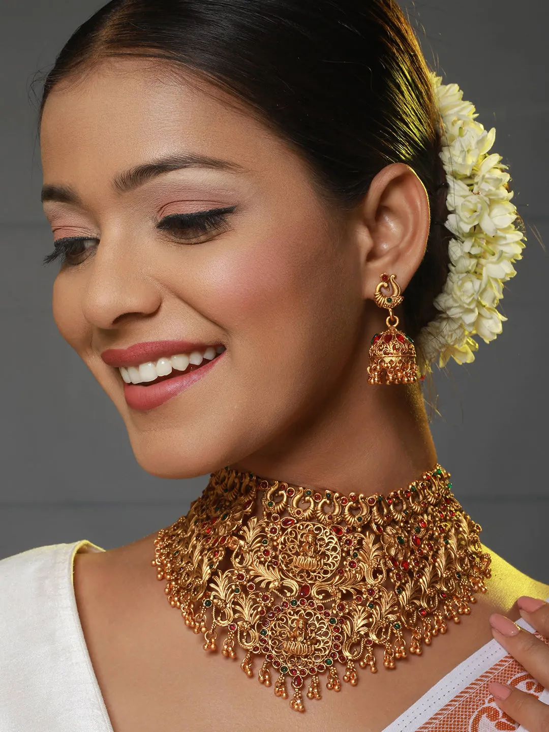 Gold-Plated Stone-Studded & Beaded Temple Necklace & Earrings
