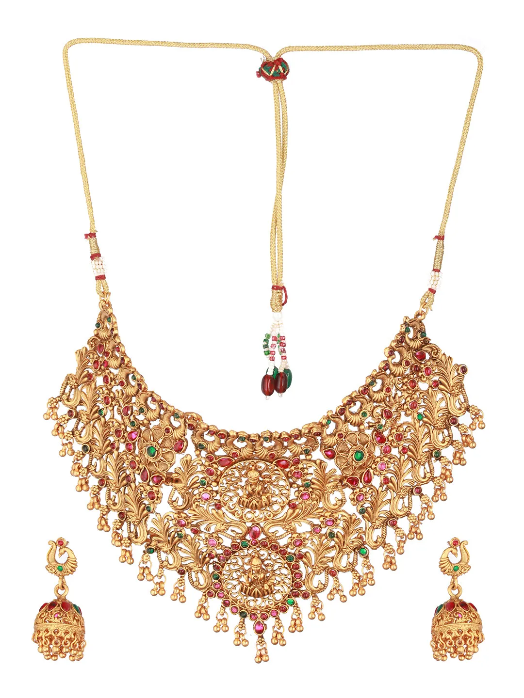 Gold-Plated Stone-Studded & Beaded Temple Necklace & Earrings