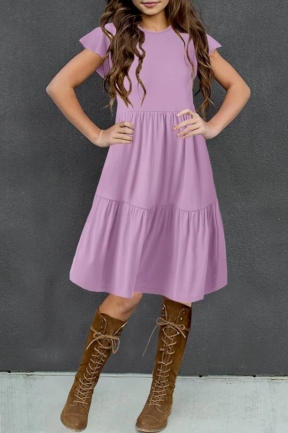 HOSIKA Girls Summer Ruffle Short Sleeve Crew Neck Loose Casual Flowy Tiered Short Dress with Pockets for 6-12 Y