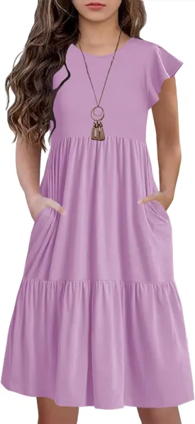 HOSIKA Girls Summer Ruffle Short Sleeve Crew Neck Loose Casual Flowy Tiered Short Dress with Pockets for 6-12 Y