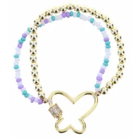 KIDS WHITE, PURPLE, TURQUOISE & GOLD 2 STRAND STRETCH WITH BUTTERFLY CARABINER BRACELET