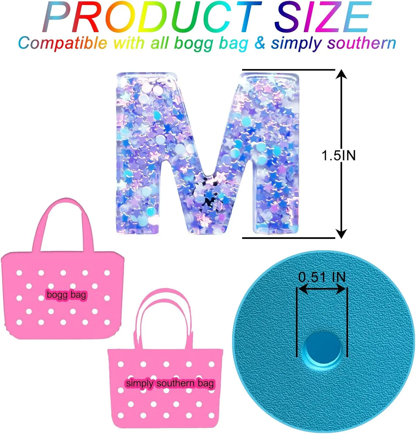 Letter Charms for Bogg and Simply Southern Bags - Alphabet Purple Star Sequin Lettering Accessories - Insert Decorative Letters for Handbag Beach Tote