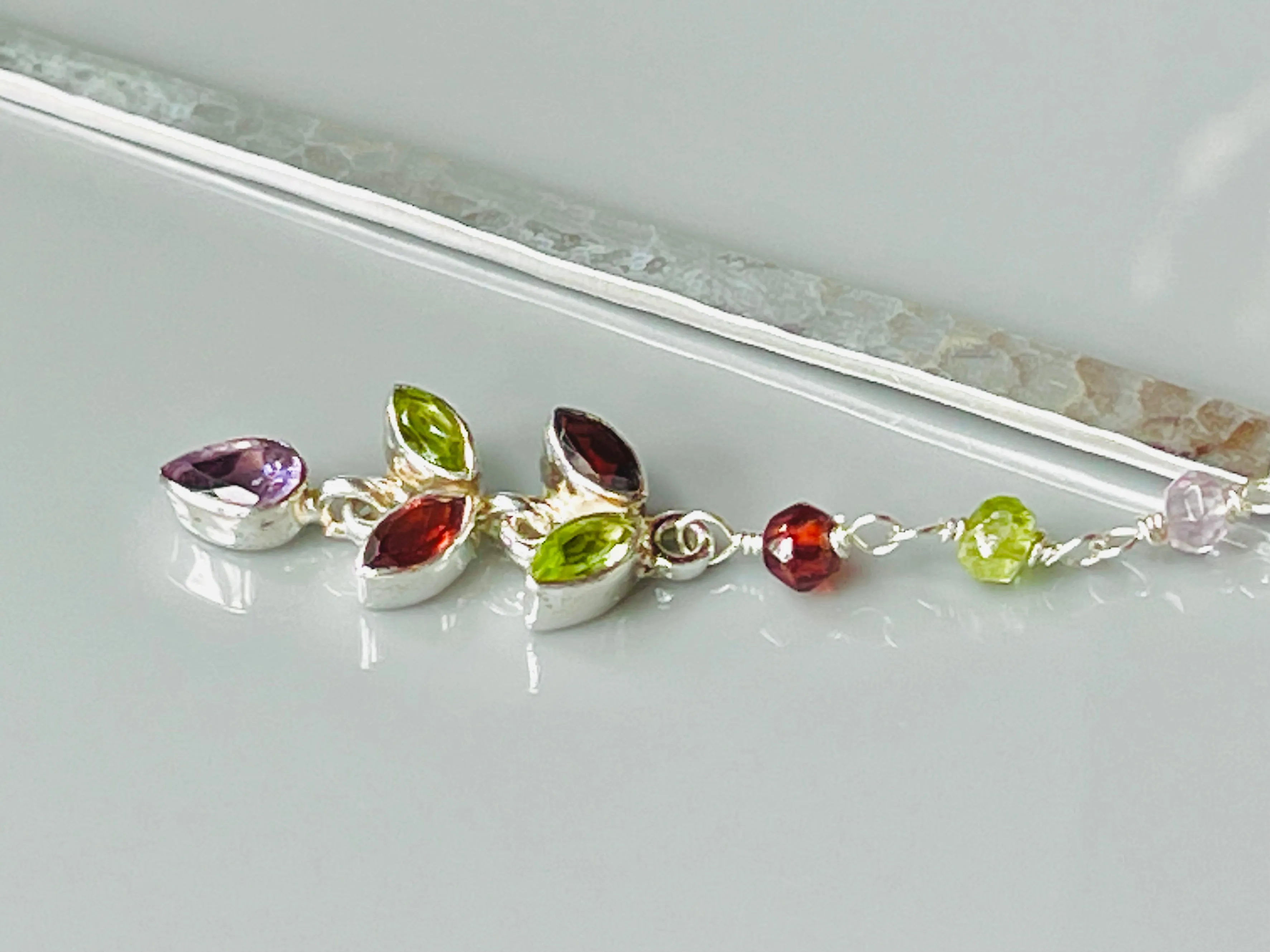 Luxury Sterling Silver Hair Stick Garnet Amethyst Peridot Silver Kanzashi Hair Stick