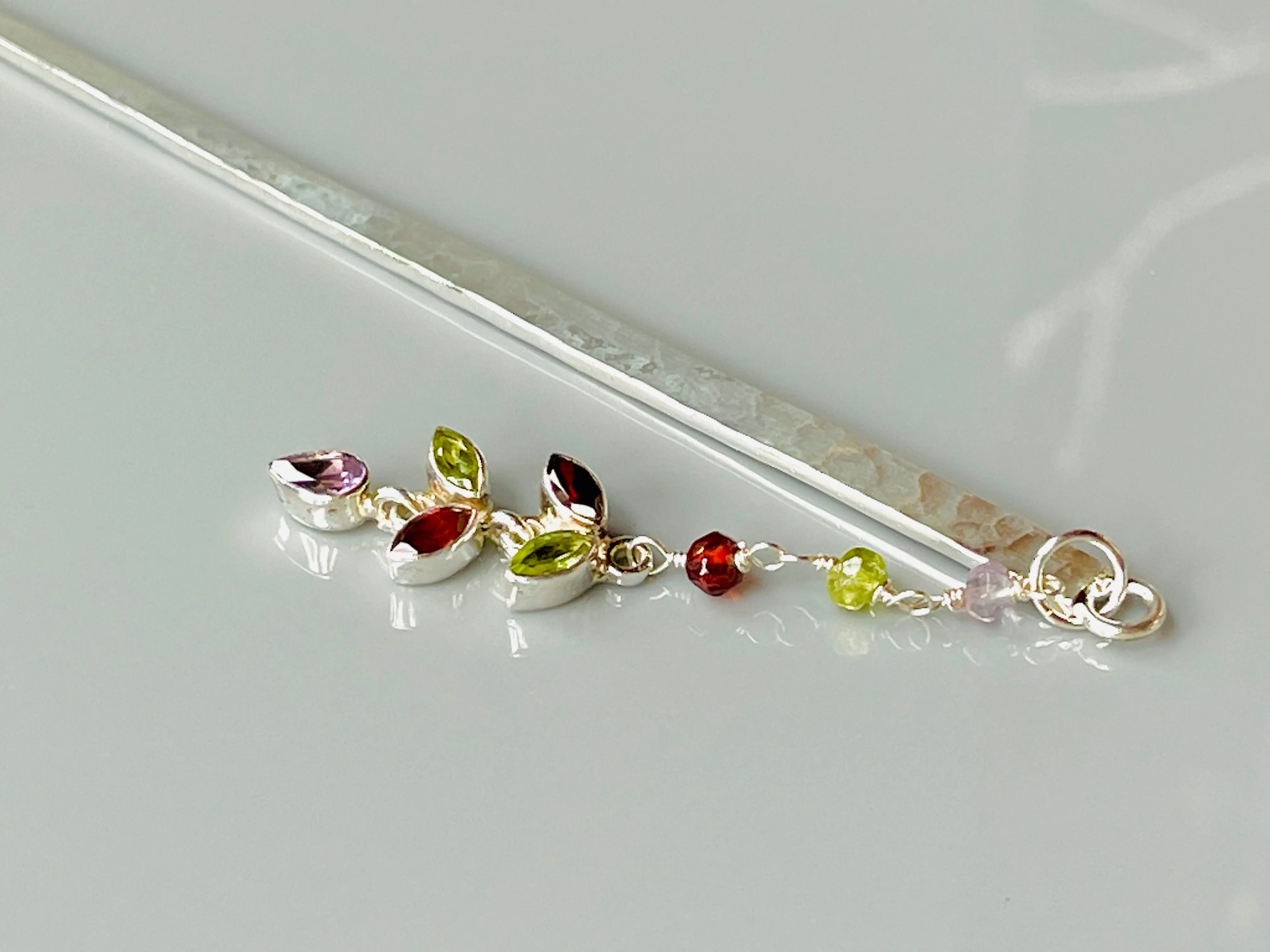 Luxury Sterling Silver Hair Stick Garnet Amethyst Peridot Silver Kanzashi Hair Stick