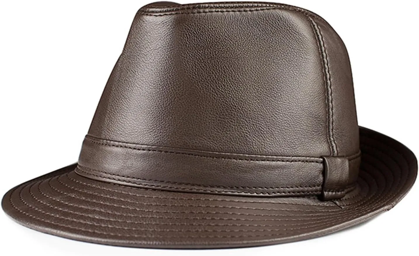 Man Genuine Leather Jazz Fedora Gentleman Cow Skin Short Brim Black Brown Hip Pop Fitted Top Hat Male Shows Topper