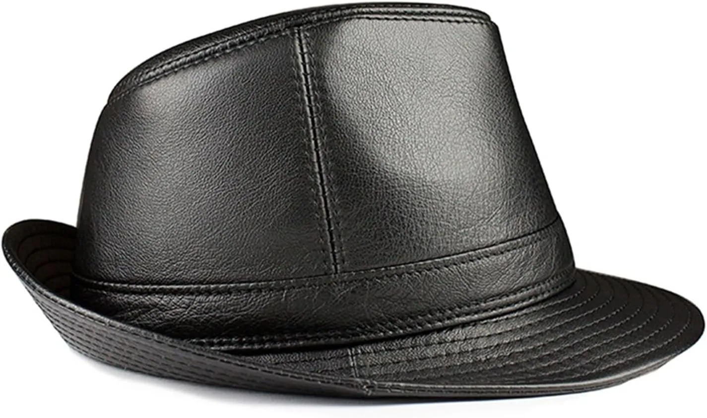 Man Genuine Leather Jazz Fedora Gentleman Cow Skin Short Brim Black Brown Hip Pop Fitted Top Hat Male Shows Topper