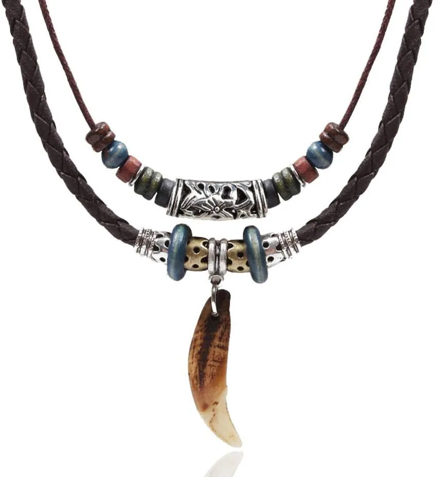 Men Leather Necklace Vintage Tribal Style Boho Hipppie Double Layered Braided Beaded Pendant Necklace for Valentine's Day