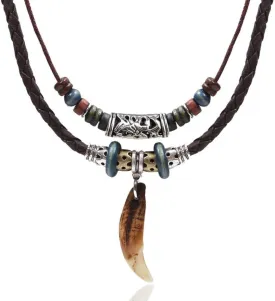Men Leather Necklace Vintage Tribal Style Boho Hipppie Double Layered Braided Beaded Pendant Necklace for Valentine's Day