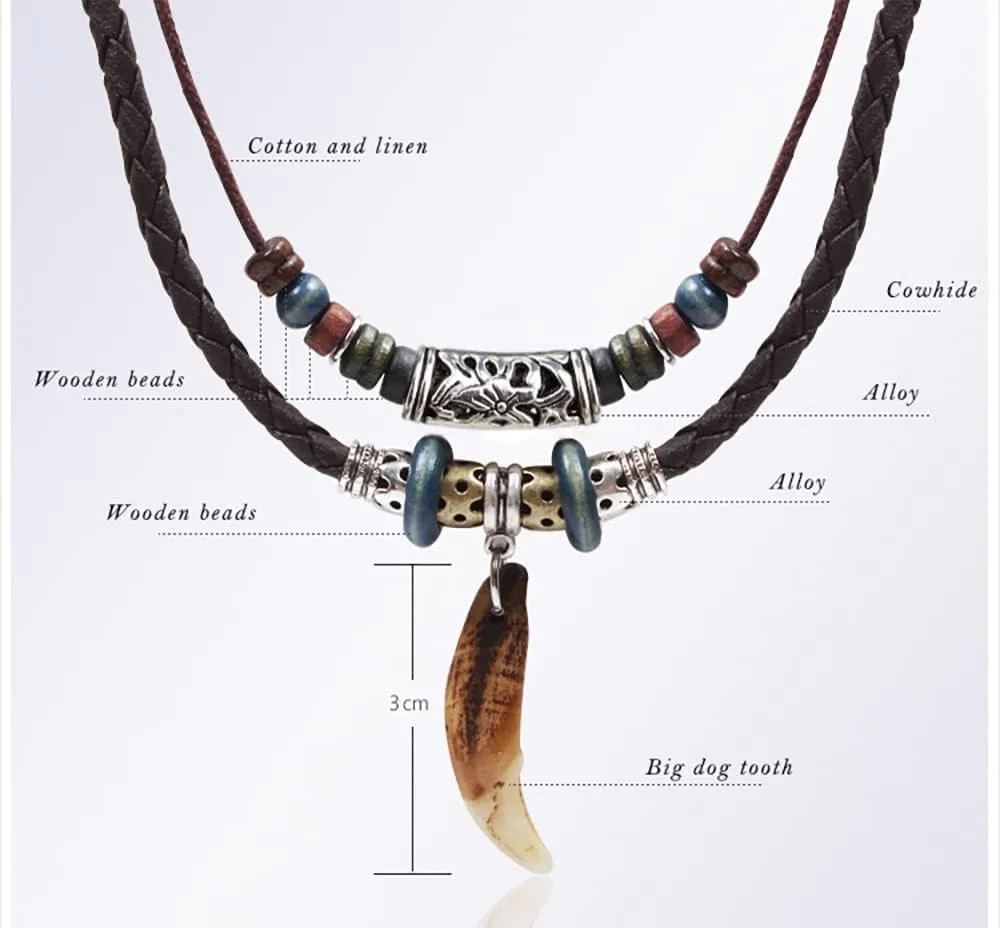 Men Leather Necklace Vintage Tribal Style Boho Hipppie Double Layered Braided Beaded Pendant Necklace for Valentine's Day