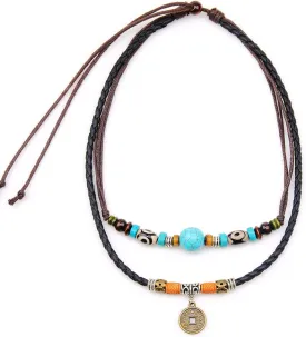 Men Women Necklace Vintage Tribal Style Double Layers Beaded Leather Necklace with pendant for Summer Surfer Beach