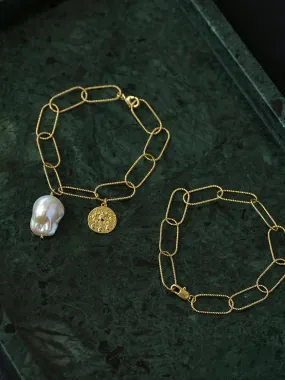 Metal Thick Chain Baroque Pearl Charm Bracelet