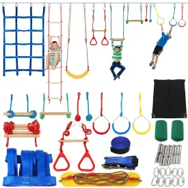 Ninja Warrior Kids Obstacle Course, 65 FT Durable Slackline with 7 Obstacles-Swings, Monkey Bars, Arm Trainers and More, Weatherproof Outdoor Obstacle Course for Backyard, Gym, Field