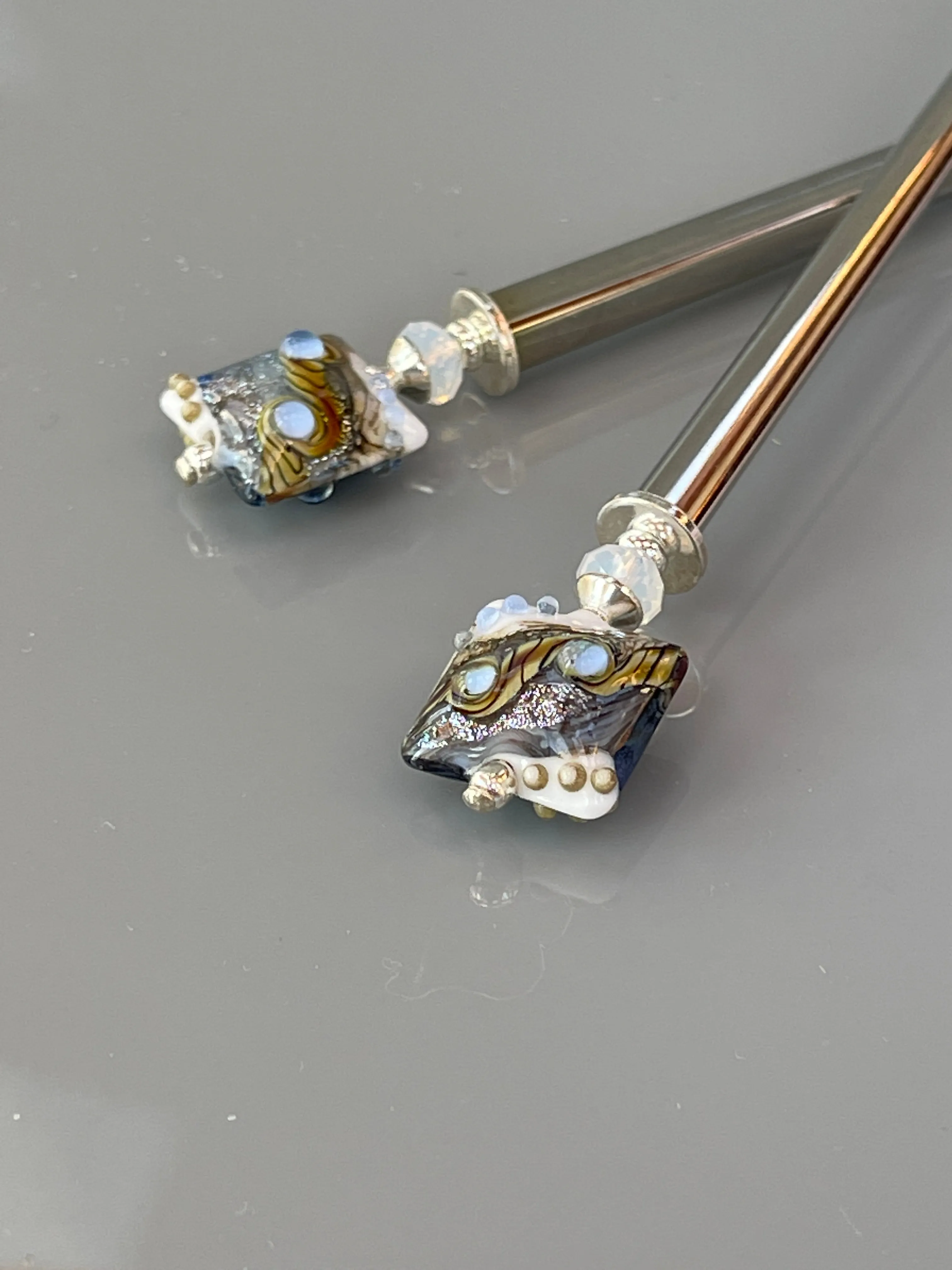 Ocean Waves Art Glass Hair Sticks, Modern hair sticks, Boro glass shawl pins