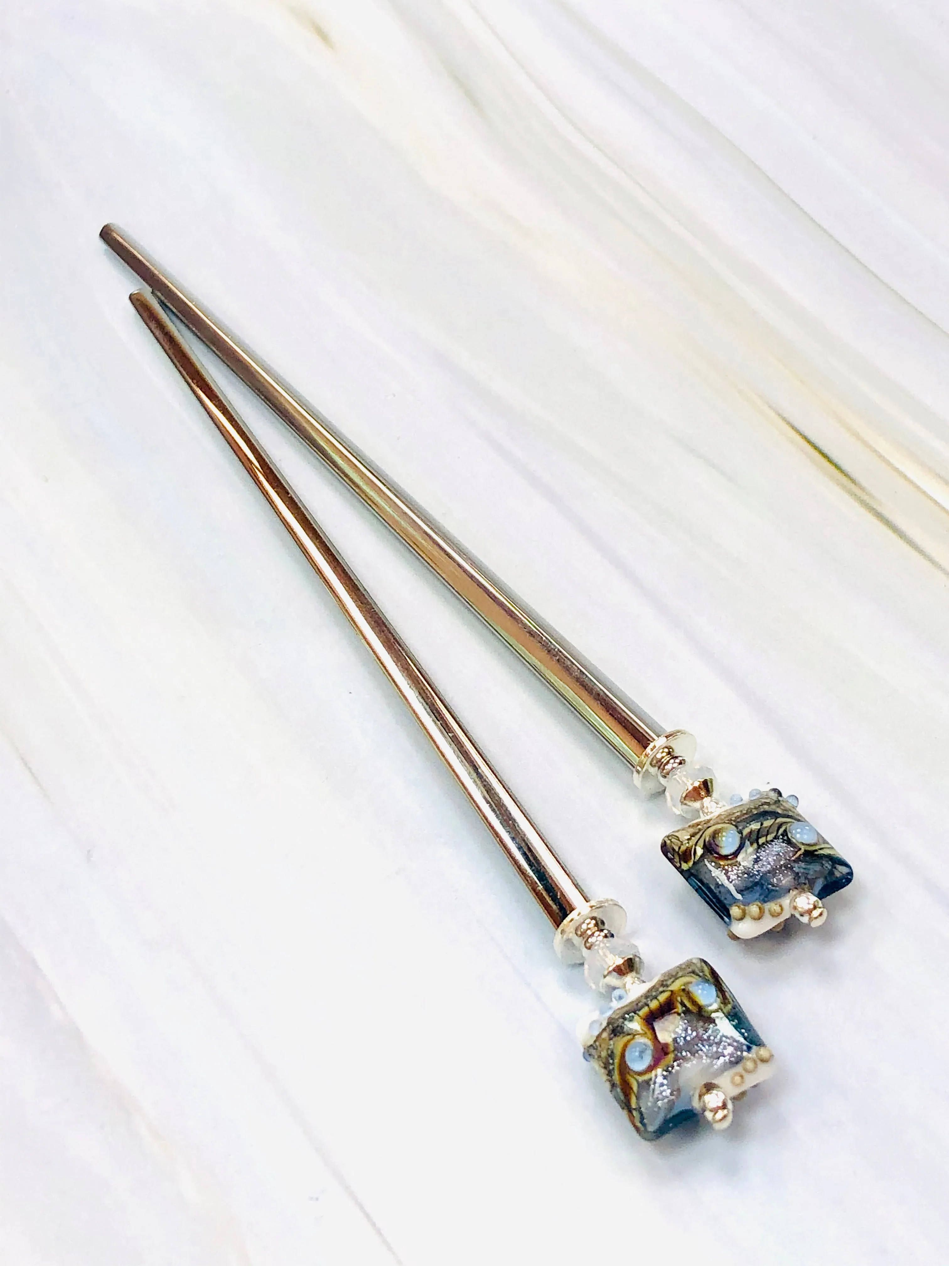 Ocean Waves Art Glass Hair Sticks, Modern hair sticks, Boro glass shawl pins