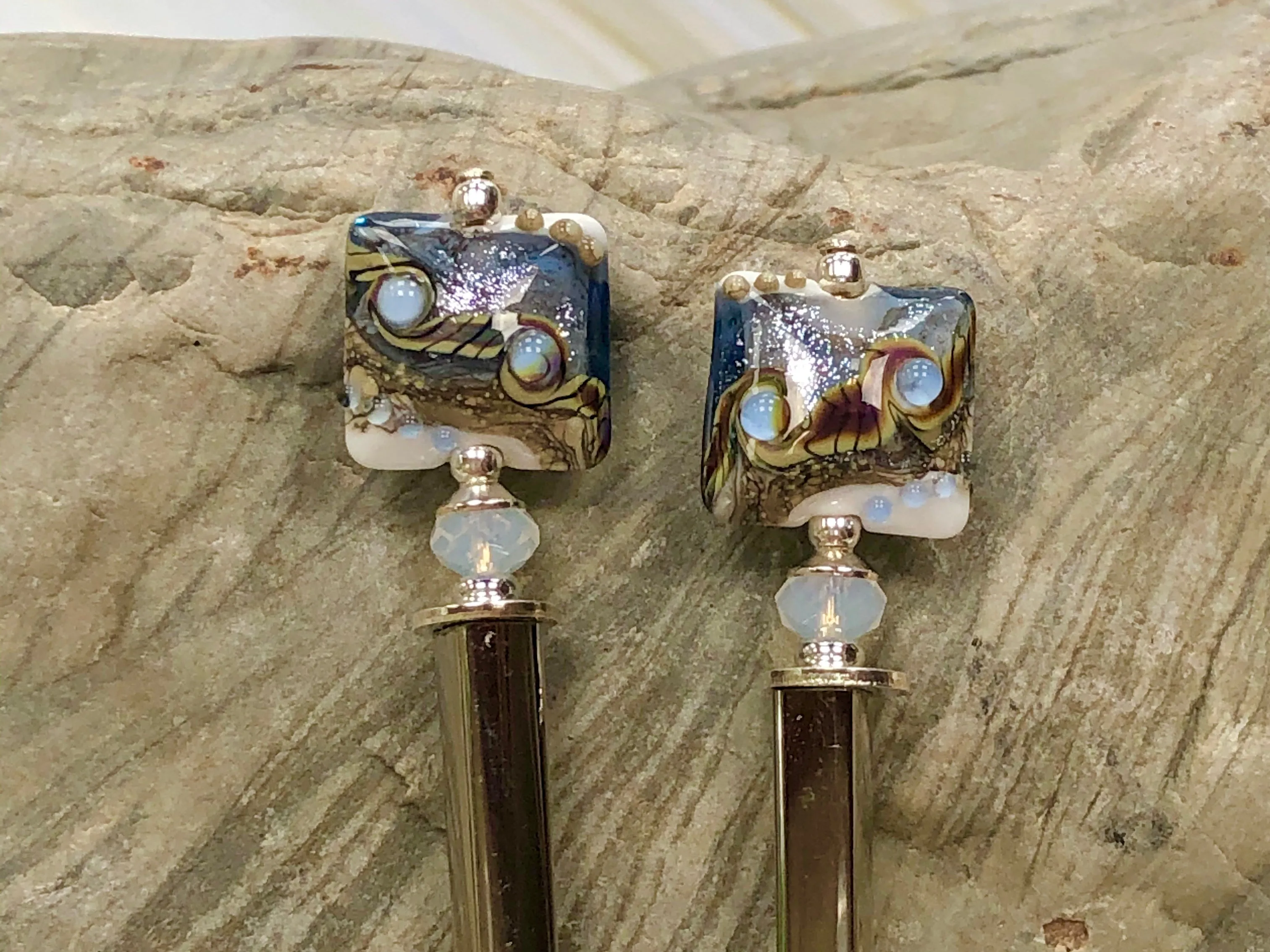 Ocean Waves Art Glass Hair Sticks, Modern hair sticks, Boro glass shawl pins