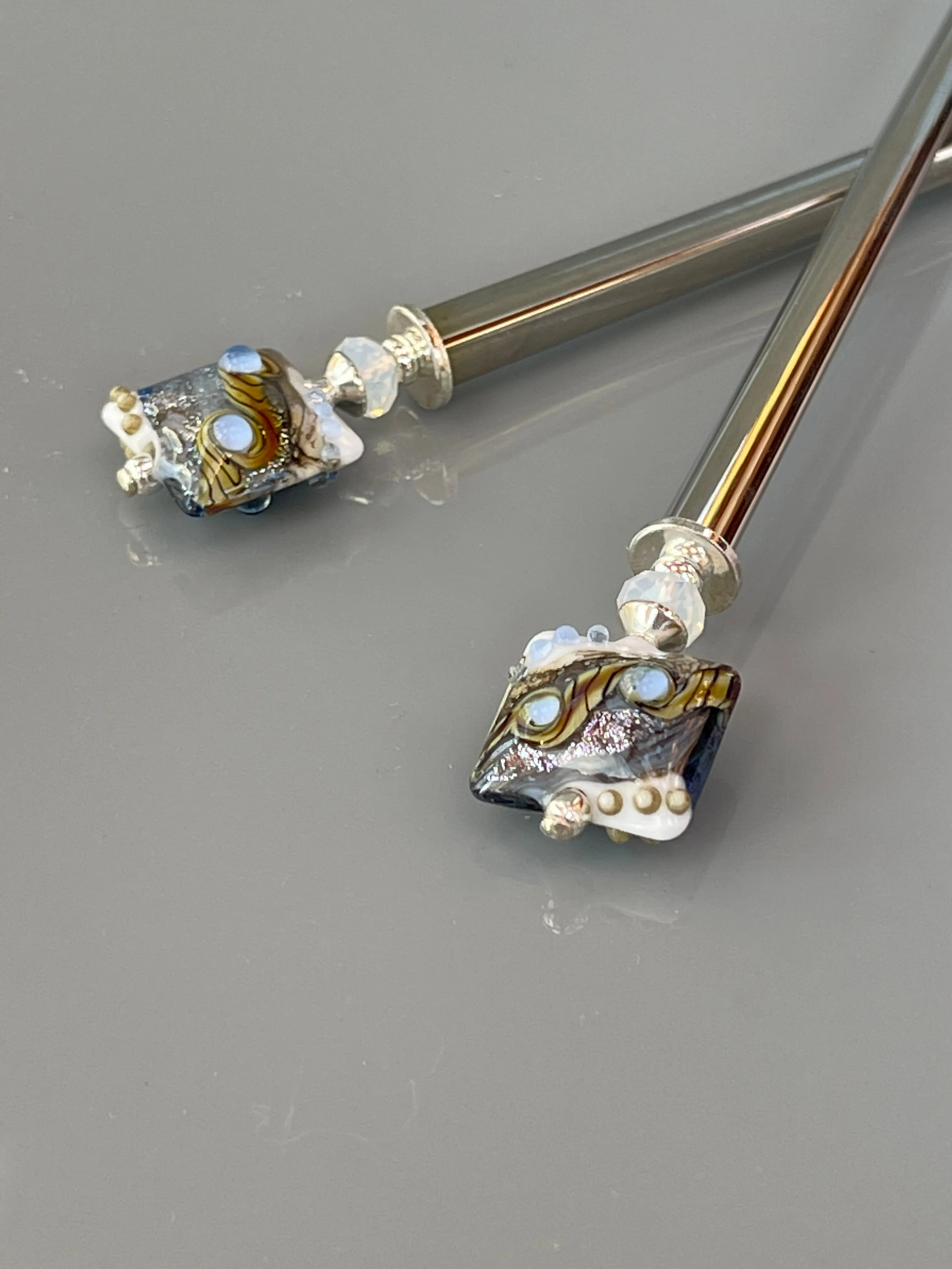 Ocean Waves Art Glass Hair Sticks, Modern hair sticks, Boro glass shawl pins