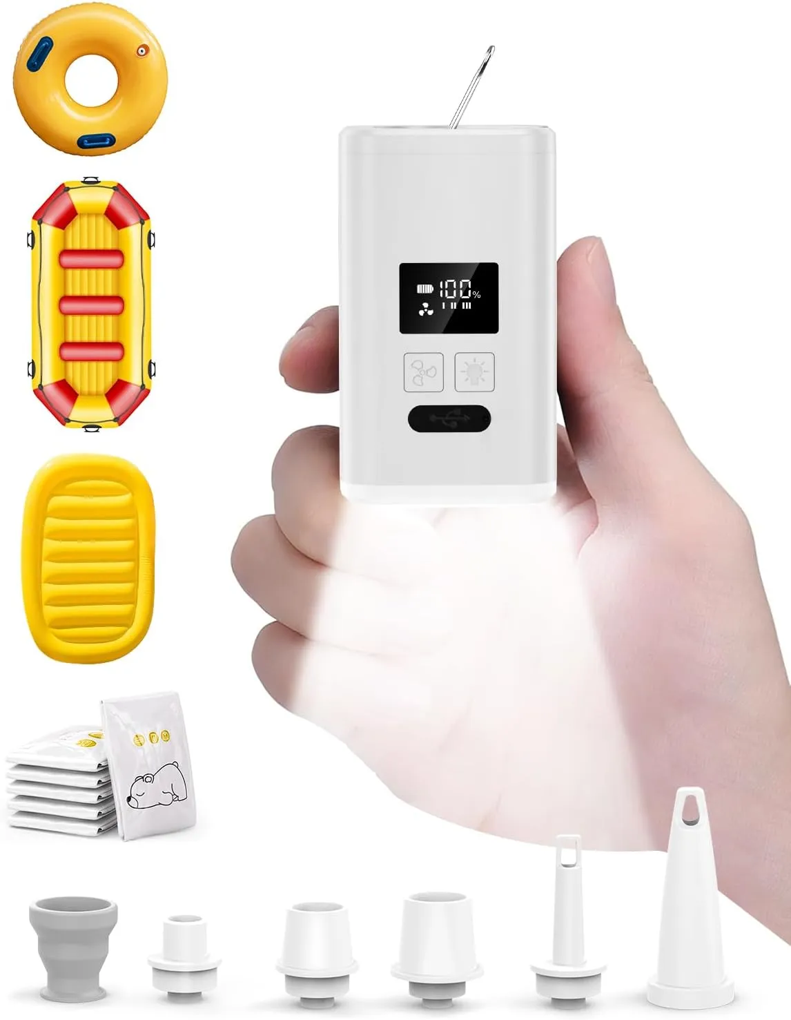 OMQ Portable Air Pump for Inflatables,Electric Air Mattress Pump with Camping Lantern & LED Display, Mini Air Pump 2X Quick Inflate Deflate for Pool Floats, Vacuum Storage Bags