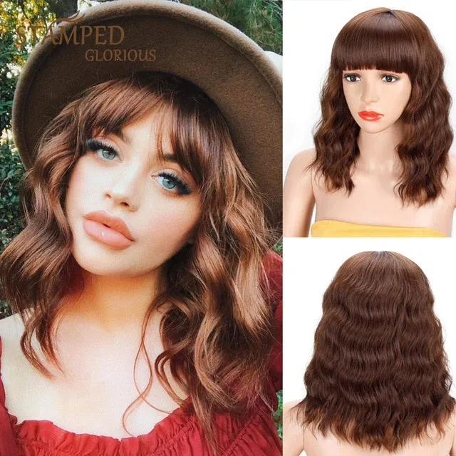 Presidential Hair 'Stamped Glorious 14inches Natural Wave Wig Bob Red Wig With Bangs Synthetic Short Wigs for Women Heat Resistant Fiber Hair