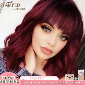 Presidential Hair 'Stamped Glorious 14inches Natural Wave Wig Bob Red Wig With Bangs Synthetic Short Wigs for Women Heat Resistant Fiber Hair