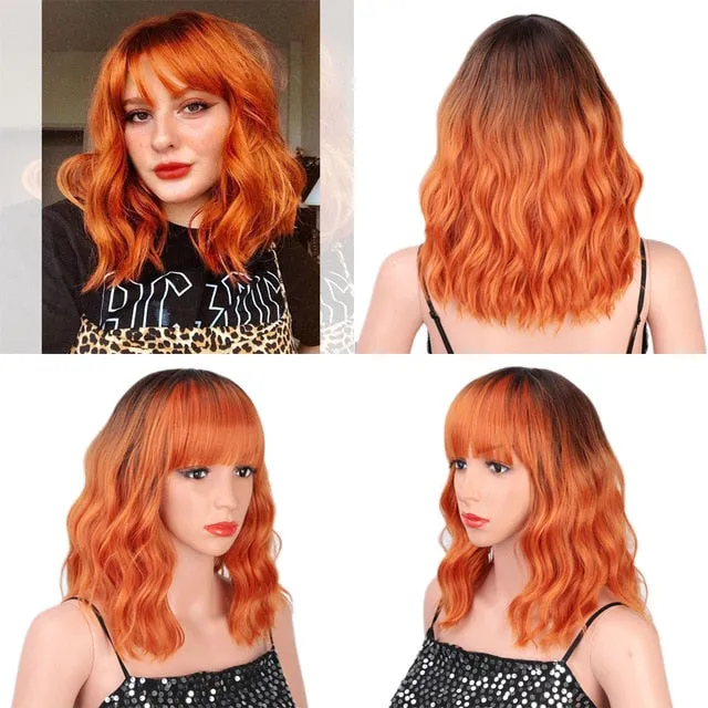 Presidential Hair 'Stamped Glorious 14inches Natural Wave Wig Bob Red Wig With Bangs Synthetic Short Wigs for Women Heat Resistant Fiber Hair