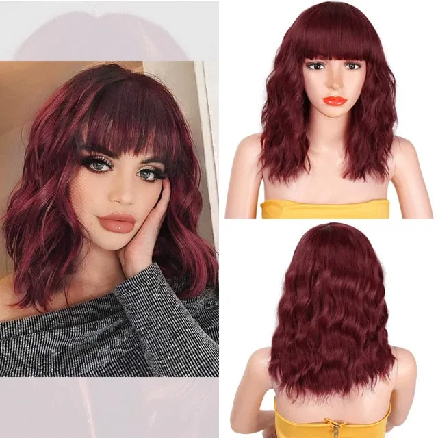 Presidential Hair 'Stamped Glorious 14inches Natural Wave Wig Bob Red Wig With Bangs Synthetic Short Wigs for Women Heat Resistant Fiber Hair
